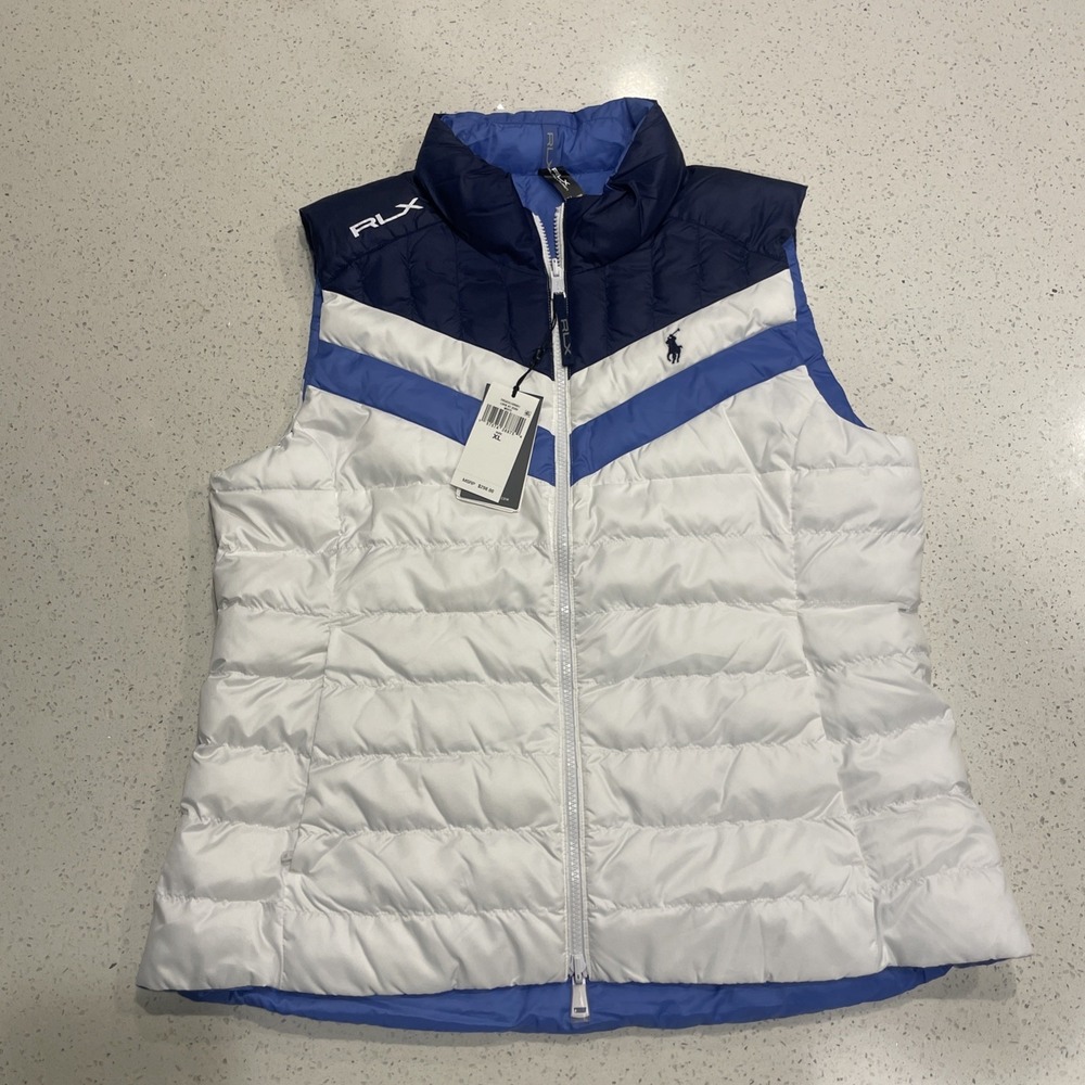 RLX Ralph Lauren White Blue Reversible Puffer Full Zip Up Vest Women's XL‎ NWT